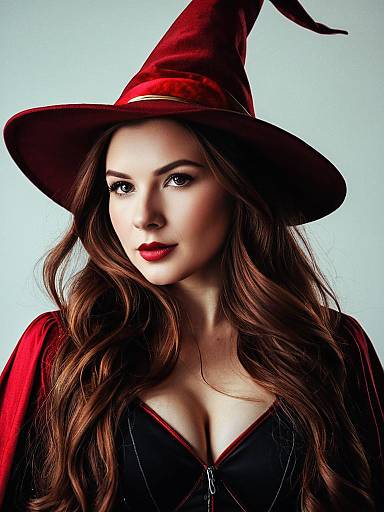 Woman in Scarlet Witch Costume with Red Hat