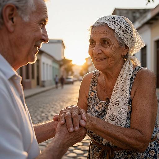 Photograph of an elderly couple holding hands on a cobblestone street at sunset; the woman wears a lace headscarf and floral dress, smiling