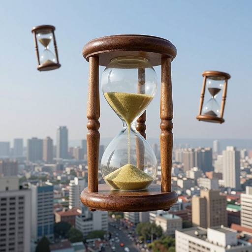 Floating Hourglasses Over Cityscape