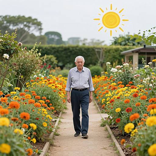 Photograph of an elderly white man with white hair, wearing a light blue shirt and dark pants, walking down a vibrant flower garden path under a bright