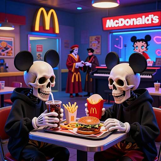 Photograph of two skull-masked individuals in black hoodies eating at McDonald's, holding drinks, with fries and burgers, neon McDonald's and McDonald