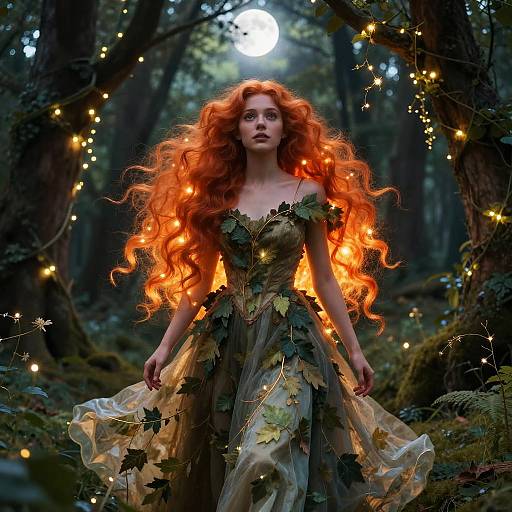Photograph-like CGI of a red-haired fairy with glowing orange hair, wearing a leafy, ethereal dress, surrounded by forest lights, standing under