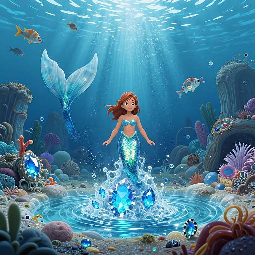 Digital illustration of a mermaid with red hair, blue-green tail, and blue seashell top, emerging from a glowing underwater cave surrounded by colorful
