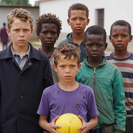 Group of Six Diverse Boys with Yellow Ball Outdoors
