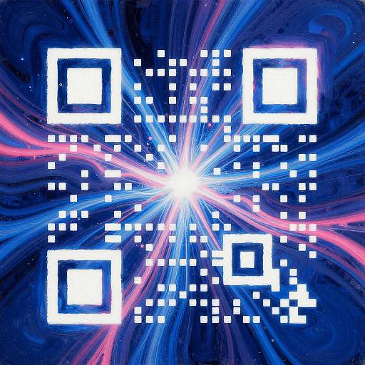 Digital art: Bright white square patterns with pixelated lines radiating from a central white light against a swirling blue and pink cosmic background.