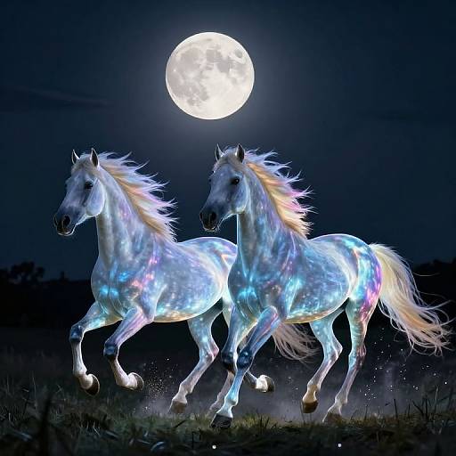 Photograph of two glowing white horses with iridescent blue and pink highlights, running under a full moon in a dark, starry night sky.