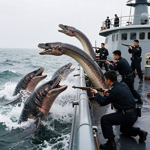 Sea Battle with Serpent-like Creatures