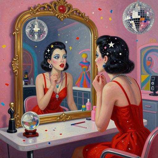 Vibrant digital painting: woman with black hair, red dress, applying red lipstick, in front of ornate mirror, pink room, disco balls