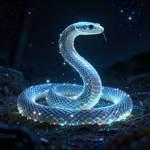Glowing blue illuminated snake with sparkling lights, coiled on dark ground, surrounded by tiny stars in a night sky. Photorealistic CGI.