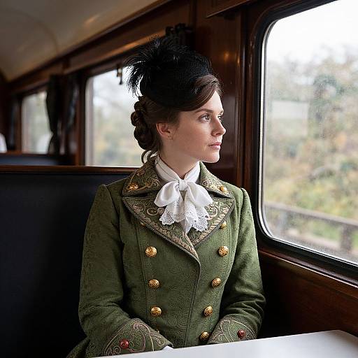 Photograph of a Victorian-era woman with dark hair in an updo, wearing a green military-style coat with gold buttons and lace, sitting by a