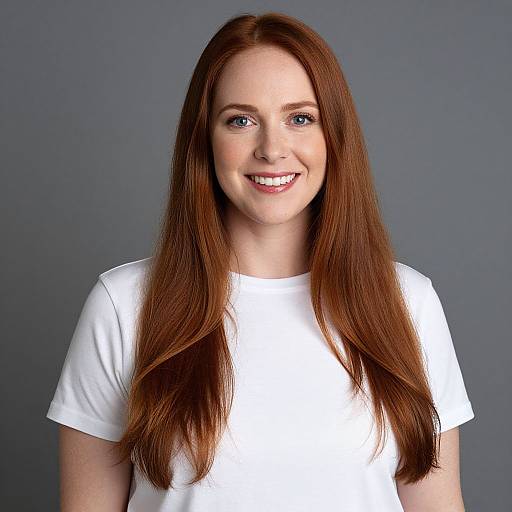 Photograph of a smiling young woman with long, straight red hair, wearing a white shirt, against a plain gray background.