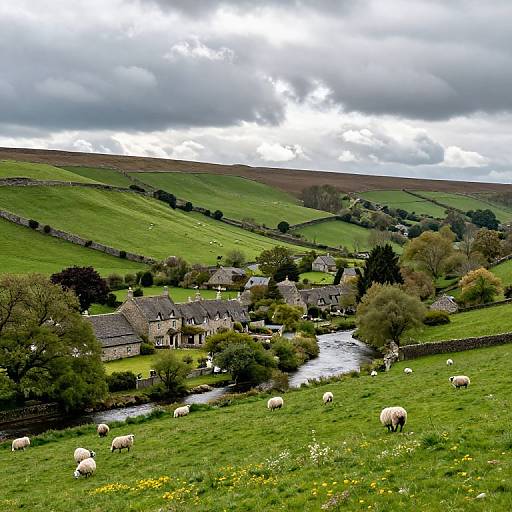 Photograph of a lush, green countryside village with stone cottages, a winding river, grazing sheep, and a cloudy sky overhead.