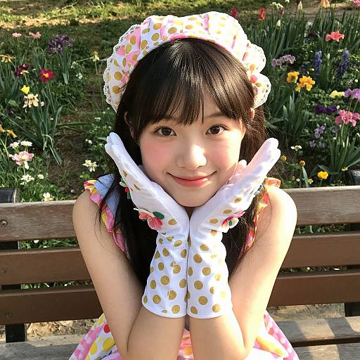 Photograph of an adorable Asian girl with long black hair, wearing a polka-dotted white dress and matching hat, white polka-dotted gloves