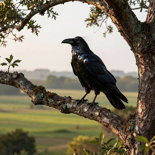 Photograph of a black crow with glossy feathers perched on a lichen-covered tree branch, framed by sunlight and green forest background.