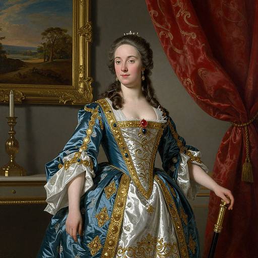 Portrait of a 18th-century European aristocratic woman in an elaborate blue and gold gown, standing in a luxurious room with red curtains and a landscape