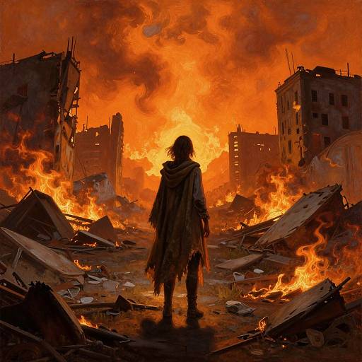 Digital artwork of a silhouetted figure in a tattered cloak standing amidst fiery ruins of burning, charred buildings under a bright orange sky.
