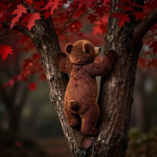 Photograph of a brown teddy bear with textured fur, clinging to a tree with red autumn leaves, set against a blurred forest background.