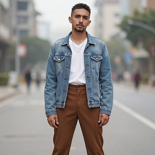 Photograph of a handsome man with short black hair, beard, wearing a blue denim jacket, white shirt, brown pants, standing confidently on a blurred