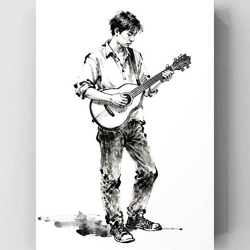 Sumi-e Study of Young Mandolin Player