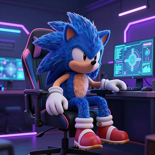 Futuristic 3D Hedgehog in Neon Gaming Room