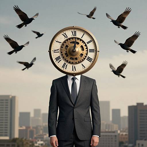 Photograph of a headless man in a black suit with a clock face for a head, surrounded by flying black crows, against a city skyline