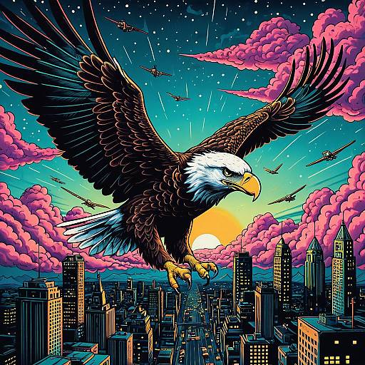Lowbrow Art Eagle Flying Over Neon City