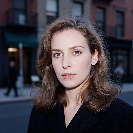 Photograph of a young woman with fair skin, brown wavy hair, and brown eyes, wearing a black coat, standing on a city street at