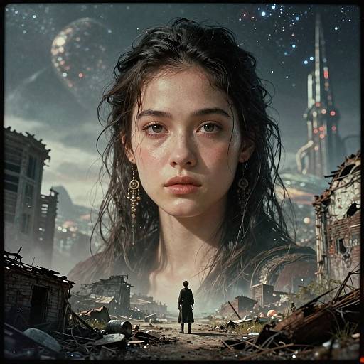 Digital artwork: Giant, realistic, young woman with wet, dark hair, wearing earrings, gazes forward in a ruined, futuristic cityscape. Small
