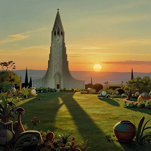 Photograph of a Gothic-style church with a tall spire at sunset, surrounded by a colorful garden with pottery and flowers.