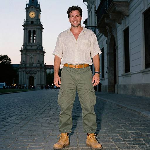 Photograph of a smiling, dark-haired man in a white shirt, olive pants, and tan boots, standing on a cobblestone street with a
