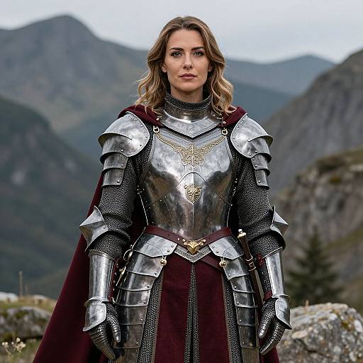Photograph of a blonde woman in silver medieval armor with a maroon cape, standing in a mountainous landscape, with mountains and trees in the background