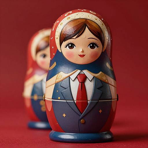 Photograph of two wooden doll figures with brown hair, red and blue outfits, red ties, and head coverings, set against a red background.