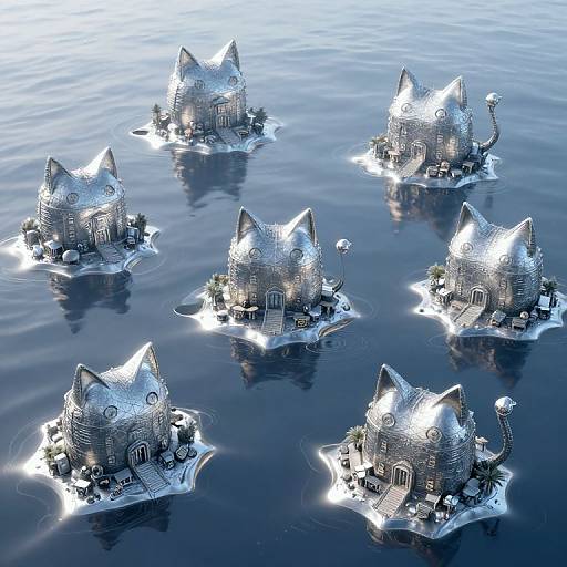 Photorealistic CGI of six floating, silver cat-shaped houses on calm, blue water, each with detailed architecture and small greenery.