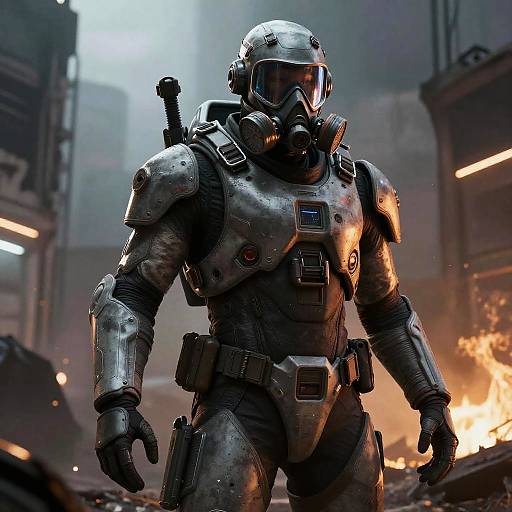 CGI image of a futuristic, armored soldier with helmet, gas mask, and backpack, standing in a smoky, burning, industrial ruin.