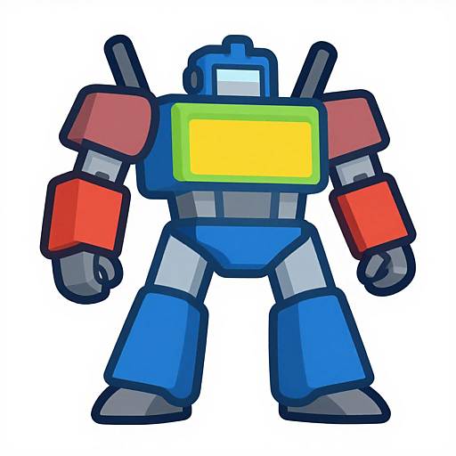 Cartoon-style, colorful, robotic figure with blue body, red arm cuffs, gray legs, and a yellow rectangular chest plate, standing against a white