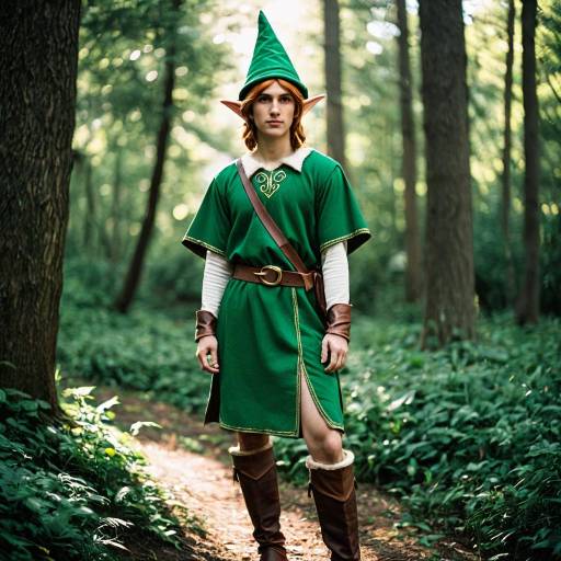 Young Man in Green Elf Costume in Forest