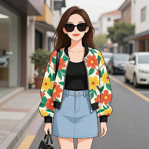 Fashionable Woman in Floral Bomber Jacket