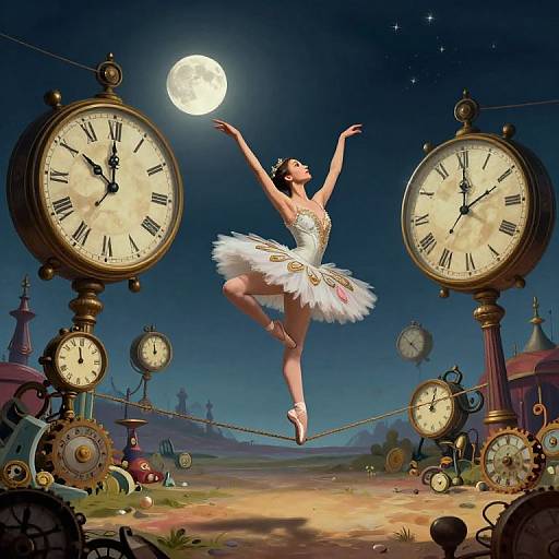 Digital artwork of a ballerina in a white tutu, dancing between two large vintage clocks under a full moon, surrounded by scattered clocks in a