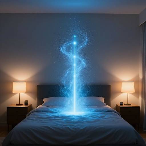 Photograph of a dimly lit bedroom with a glowing blue light serpent illuminated on the wall above a neatly made bed. Two lamps flank the bed,