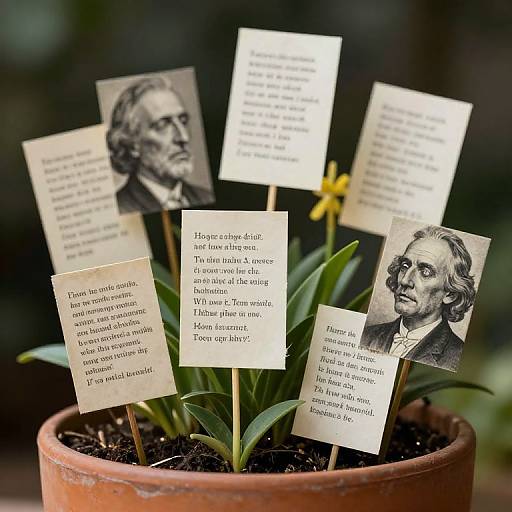 Photograph of a potted plant with six black-and-white engraved portraits of historical figures, each accompanied by a white card with text. Blurred green
