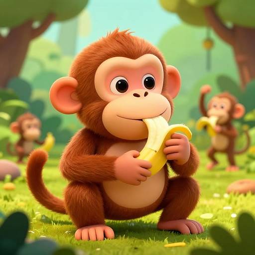 CGI cartoon of a cute, brown-furred monkey with large eyes, eating a banana in a sunny, green forest, with two other monkeys in