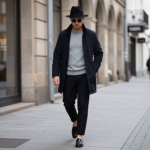 Photograph of a stylish man in a black hat, sunglasses, gray sweater, black coat, black pants, and loafers, walking on a city