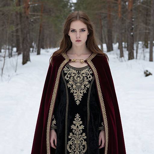 Photograph of a fair-skinned woman with long brown hair, wearing an ornate black dress with gold embroidery and a deep red velvet cape, standing