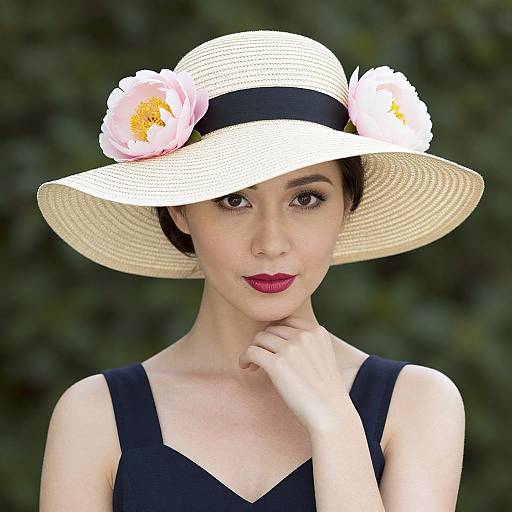 Photograph of a fair-skinned woman with dark hair, wearing a white wide-brimmed hat with pink and white flowers, black dress, and