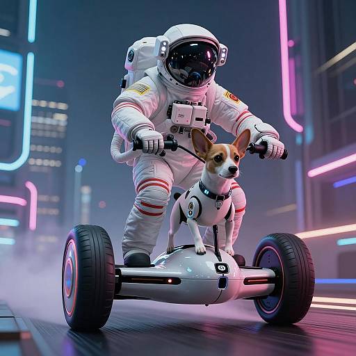 Astronaut and Robotic Dog Riding Hover Bike in Futuristic City