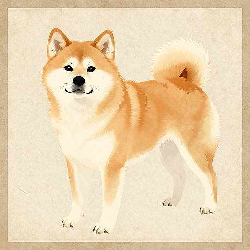 Digital illustration of a cute, orange Shiba Inu with fluffy fur, black eyes, and a curved tail, standing against a beige background.