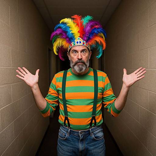 Photograph of a bearded man in a colorful feathered Mardi Gras hat, green and orange striped shirt, blue jeans, and black suspend