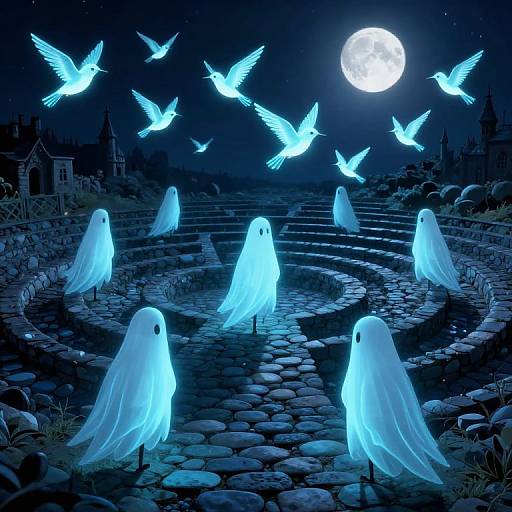 Digital artwork of glowing blue ghostly figures with black eyes, flying birds, and a full moon over a cobblestone graveyard.