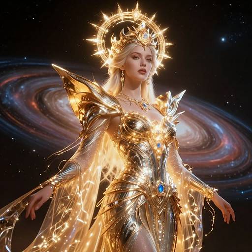 Digital artwork of a blonde goddess in radiant, golden armor with a glowing halo, standing against a cosmic galaxy backdrop.