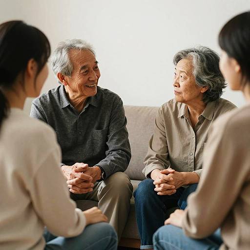 Photograph of elderly Asian couple, smiling, seated on a couch with two younger women, engaging in conversation in a bright room.